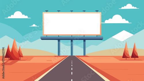 Vast desert highway leads to a giant blank billboard, beckoning with advertising potential under a bright blue sky with fluffy clouds and distant mountains.