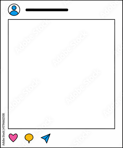 Create engaging social media posts with this customizable digital frame template featuring a profile icon, comment bubble, heart, and send icon for sharing your content instantly.