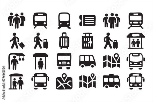 Public transportation icon set featuring buses, trains, and walking travelers