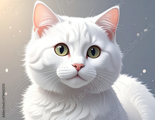 Portrait of a fluffy white feline with vibrant green eyes and a pink nose