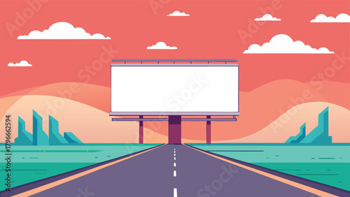 Vibrant roadside billboard awaits your impactful message against a stunning sunset sky and modern landscape
