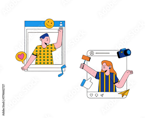 Dynamic influencers sharing content online, creating engaging social media posts with smiles and likes, capturing modern digital communication.