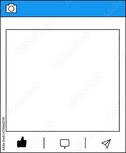 Create engaging social media posts with this modern, clean social media frame template featuring camera icon, like, comment, and share buttons