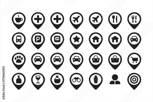 Black and white map marker set with shopping, dining, transit, and home symbols
