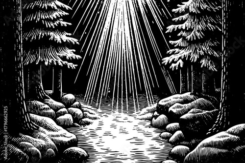 Soft rays pierce through misty air between snowy pine trunks, revealing floating ice crystals and a delicate surreal winter glow