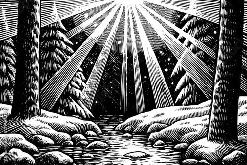 Soft rays pierce through misty air between snowy pine trunks, revealing floating ice crystals and a delicate surreal winter glow