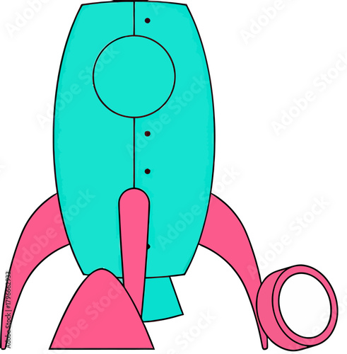 Dynamic retro rocket blasting off with vibrant teal and pink colors, ready for adventure and exploration in outer space