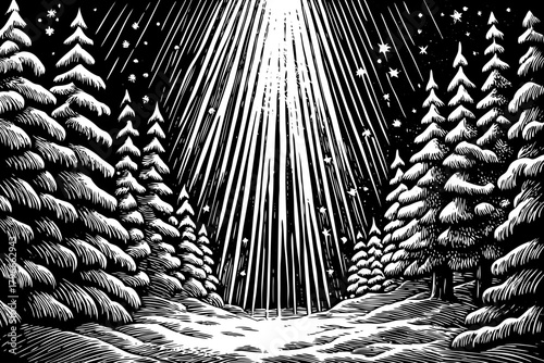 Soft rays pierce through misty air between snowy pine trunks, revealing floating ice crystals and a delicate surreal winter glow