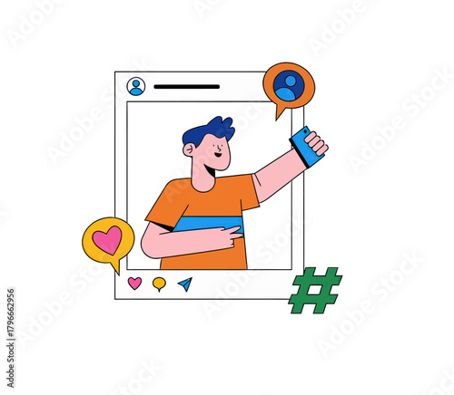 Young man joyfully captures a selfie moment within a stylized social media post frame, radiating positivity and engagement with interactive icons