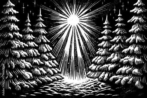 Soft rays pierce through misty air between snowy pine trunks, revealing floating ice crystals and a delicate surreal winter glow