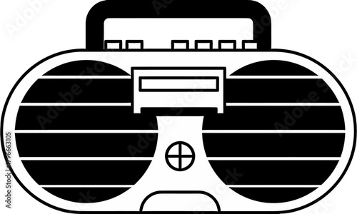 Retro boombox portable music player with dynamic speaker grills and sleek cassette deck, perfect for nostalgic vibes and vintage tech themes