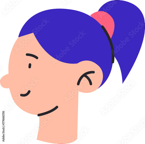 Joyful young girl with vibrant purple ponytail smiles playfully, embodying youthful energy and bright optimism for diverse creative projects
