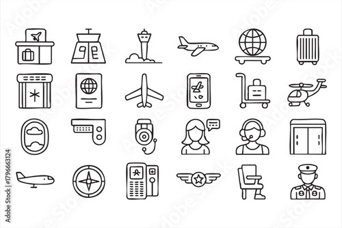 Modern travel line icons for booking systems, airline dashboards, and apps