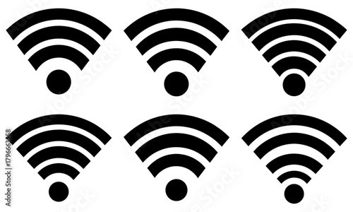 Six wifi signal icons arranged in a grid pattern with varying signal strengths in black and white color palette