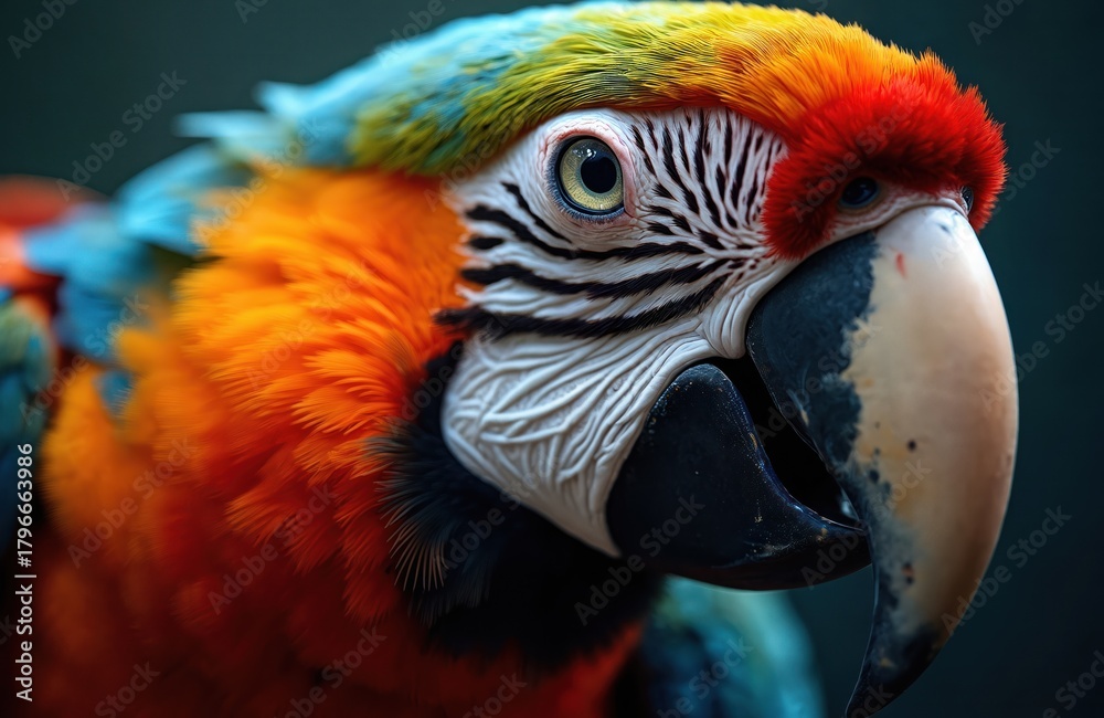 Fototapeta premium Close up of vibrant blue and yellow macaw parrot bird showing colorful feathers and sharp beak. This tropical wild animal gaze. Exotic creature portrait.