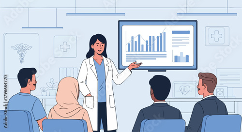 A diverse group of adults sitting and listening to a presentation by a woman in a white lab coat showing a bar graph on a screen in a light blue medical office setting.