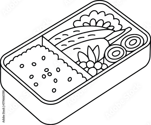Black and white line art illustration of a bento box with rice and food lunch box