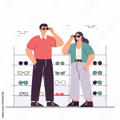Young man and woman trying on sunglasses in eyewear store  