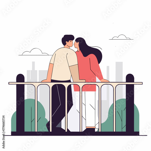 Young couple sharing a kiss while leaning on a railing outdoors  