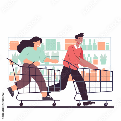 Young couple running with shopping carts in supermarket aisle  
