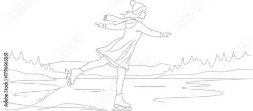 Woman ice skating on a frozen lake wearing a hat and scarf in winter time