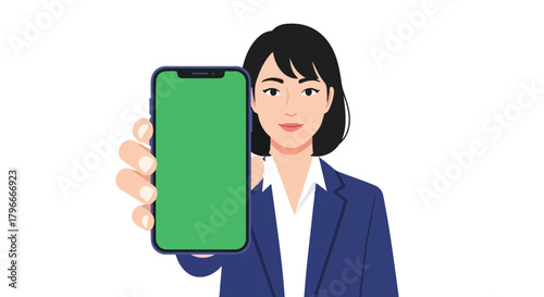 Cartoon illustration of a businesswoman holding up a smartphone with a green screen in front of a plain white background.