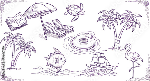 Purple beach and ocean icons, lounge chairs, sea turtle, flamingo, ship, palm trees, flat hand-drawn vector illustration