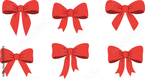 Red bows collection, decorative ribbon styles, symmetrical knot and tails, festive gift wrap elements, flat vector illustration