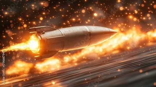 Fototapeta Naklejka Na Ścianę i Meble -  A sleek, metallic rocket ship soars through a fiery, star-dusted cosmic expanse