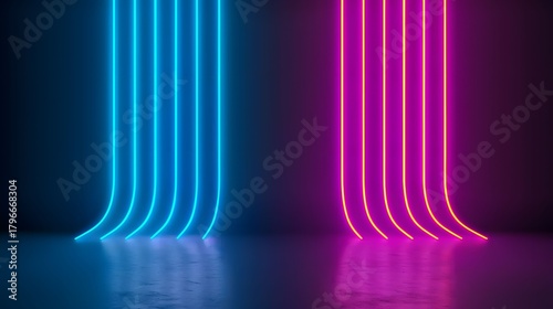 The image features an abstract composition of blue and pink neon lights placed vertically in a dark setting with a minimalist, modern aesthetic.