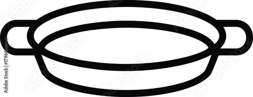 Black outline oval baking dish with handles on white background oval dish cooking pot
