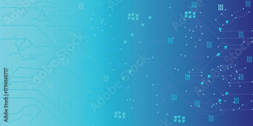 Glowing light blue neon AI chip with thin circuit contact lines. Technology lines circuit and dots on blue background