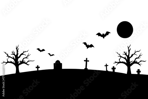 Scar Halloween vector seamless landscape silhouette, graveyard and flying bats  black symbol