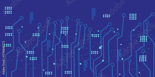 Glowing light blue neon AI chip with thin circuit contact lines. Technology lines circuit and dots on blue background