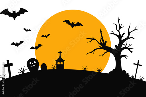 Scar Halloween vector seamless landscape silhouette, graveyard and flying bats  black symbol