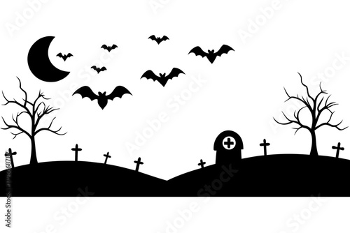 Scar Halloween vector seamless landscape silhouette, graveyard and flying bats  black symbol