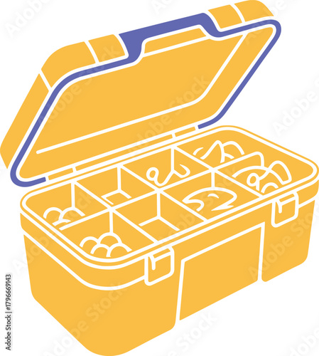 Open yellow fishing tackle box with compartments and lures open box purple
