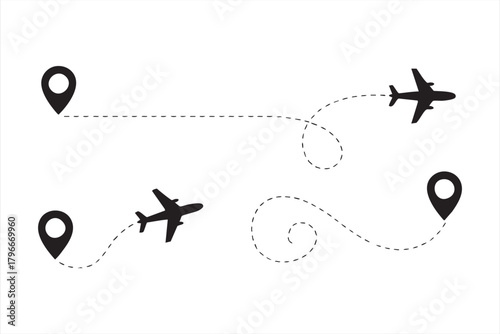 Black and white airplane route map graphic with loops
