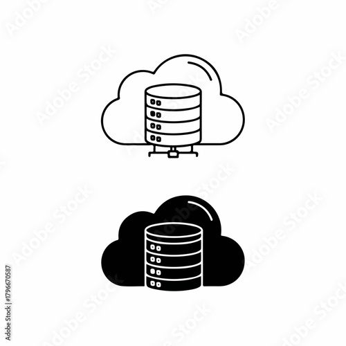 A set of two cloud database icons, one depicted as a simple black outline and the other as a solid black silhouette.