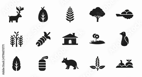 Collection of black silhouette icons representing nature and wildlife elements.