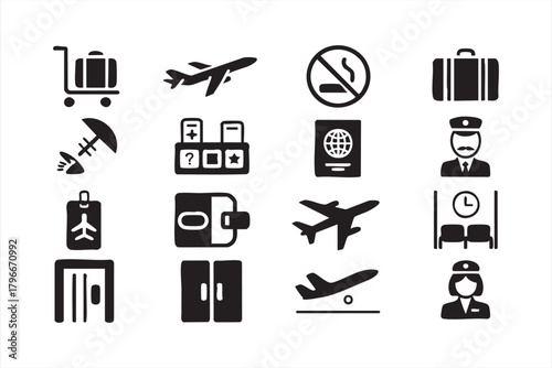 Monochrome airplane and luggage symbol collection