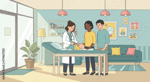 A female doctor consulting with a young couple in a modern living room with a medical table and blue couch.