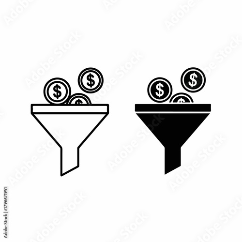 A set of two sales funnel icons, one outline and one solid, with dollar coins falling in, representing financial conversion.