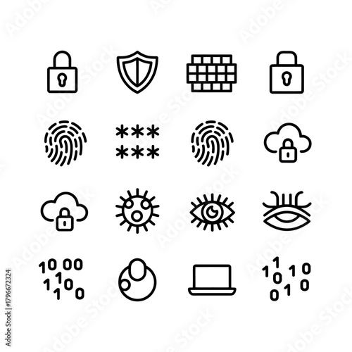 Cybersecurity and data protection thin line vector icon set.