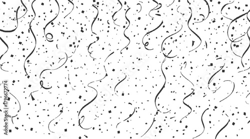 Black confetti and streamers falling on a white background party celebration