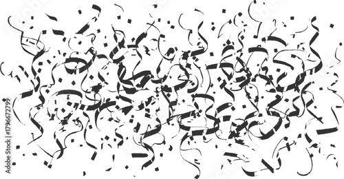 Black confetti and streamers falling on white background celebration party