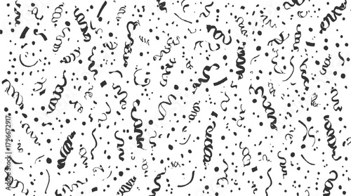 Black and white confetti and streamers pattern on white background party celebration