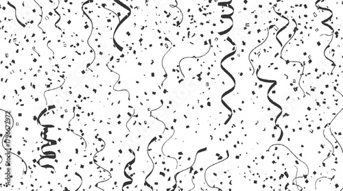 Black and white confetti and streamers falling against a white background party celebration