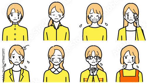 泣いている若い女性の上半身のセット