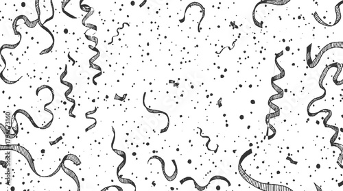 Hand drawn black and white confetti and streamers background party celebration